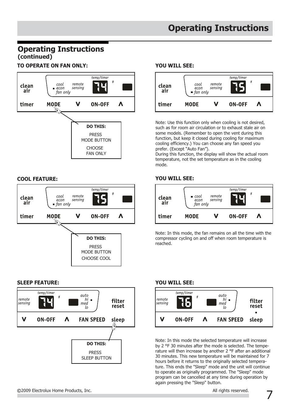 Operating instructions | FRIGIDAIRE FFRE1233Q1 User Manual | Page 7 / 13