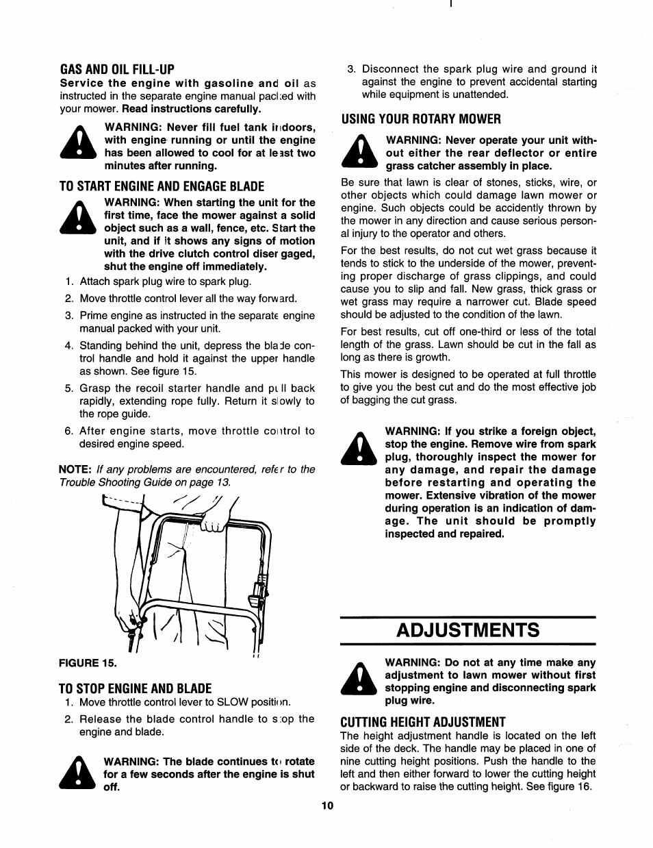 Gas and oil fill-up, To start engine and engage blade, Td stdp engine and blade | Using ydur rdtary mdwer, Adjustments, Cutting height adjustment | Bolens 112-413R352 User Manual | Page 10 / 16