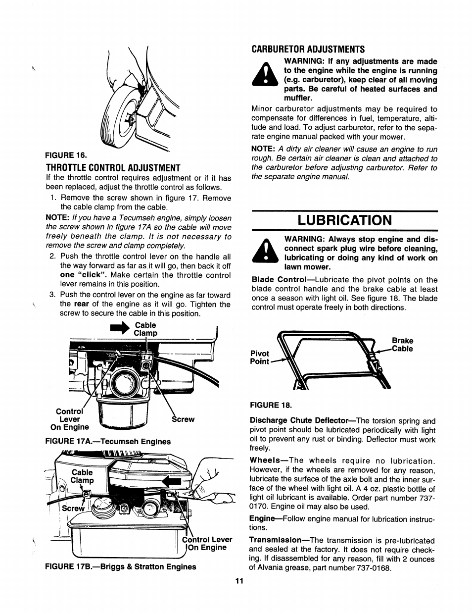 Throttle control adjustment, Carburetor adjustments, Lubrication | Bolens 112-413R352 User Manual | Page 11 / 16