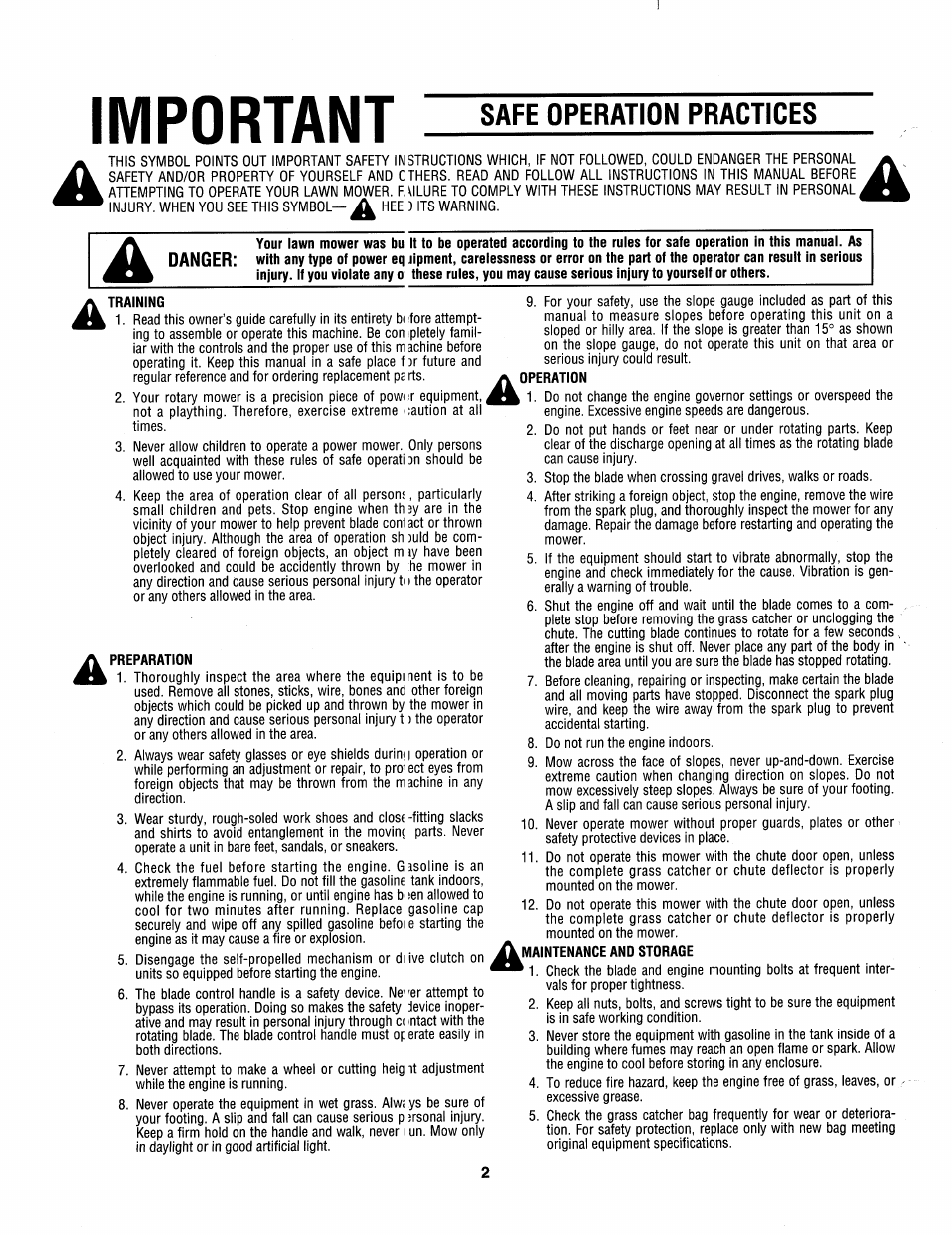 Important, Safe operation practices | Bolens 112-413R352 User Manual | Page 2 / 16