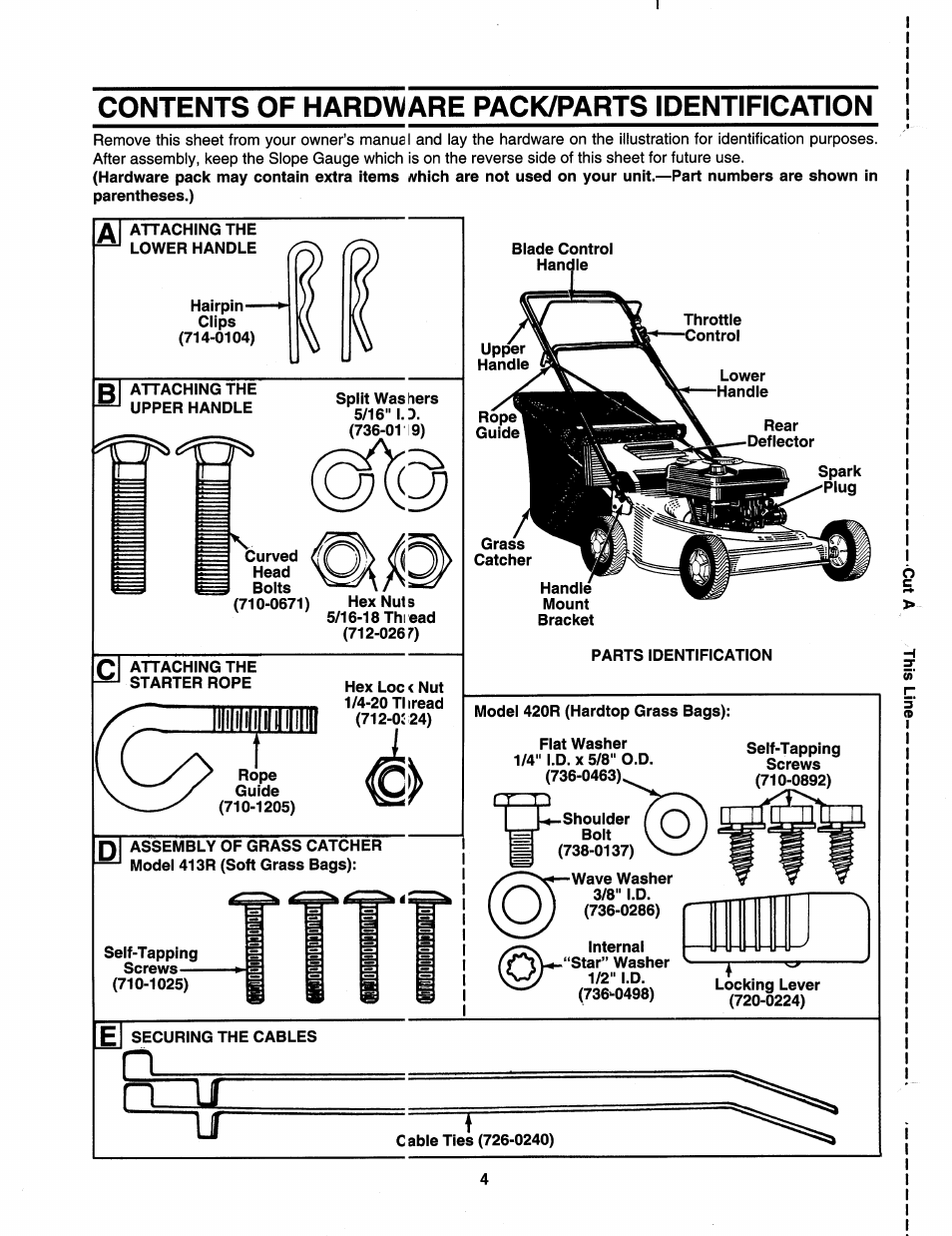 Contents of hardware pack/parts identification, Ncilf, Cxzp | Bolens 112-413R352 User Manual | Page 4 / 16