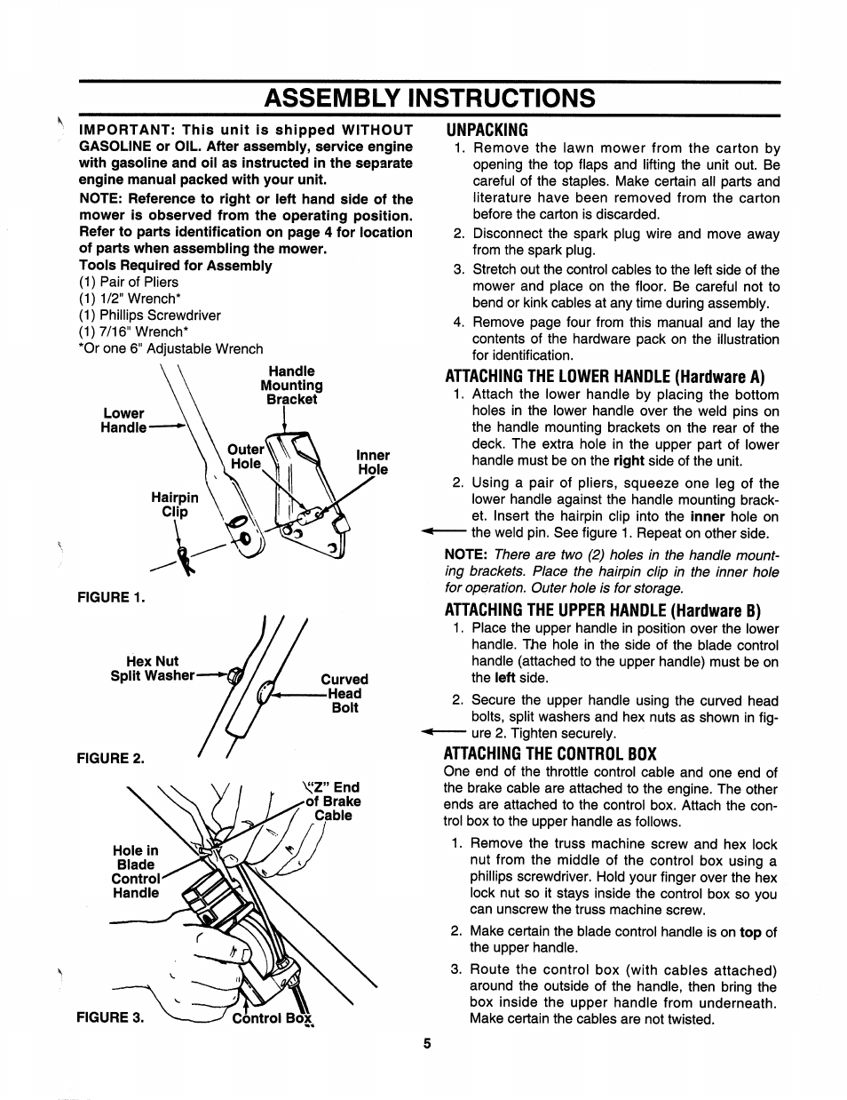 Assembly instructions, Unpacking, Attaching the lower handle (hardware a) | Attaching the upper handle (hardware b), Attaching the cdntrdl bdx | Bolens 112-413R352 User Manual | Page 5 / 16