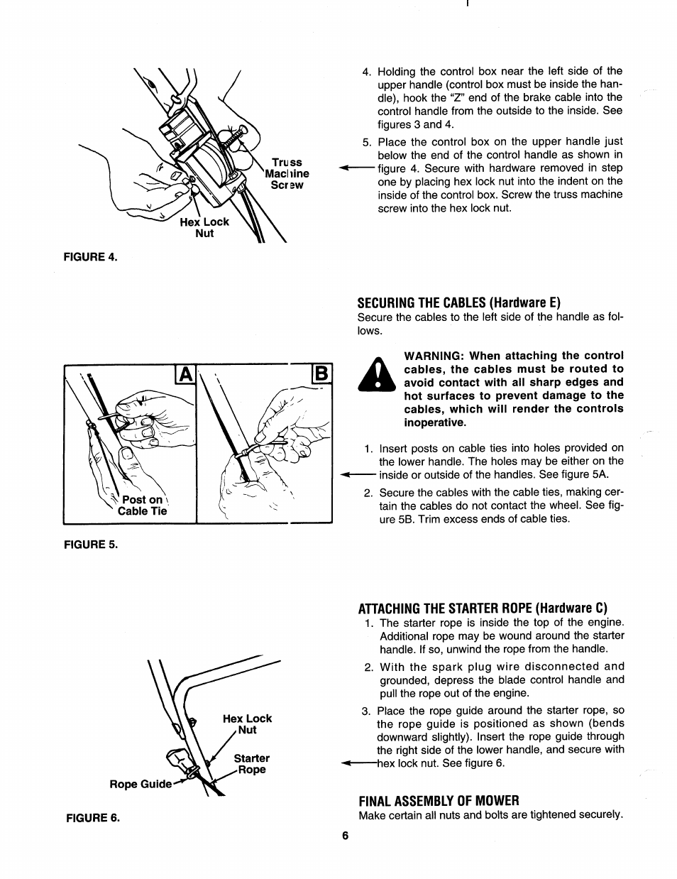 Securing the cables (hardware e), Attaching the starter rope (hardware c), Final assembly of mower | Bolens 112-413R352 User Manual | Page 6 / 16