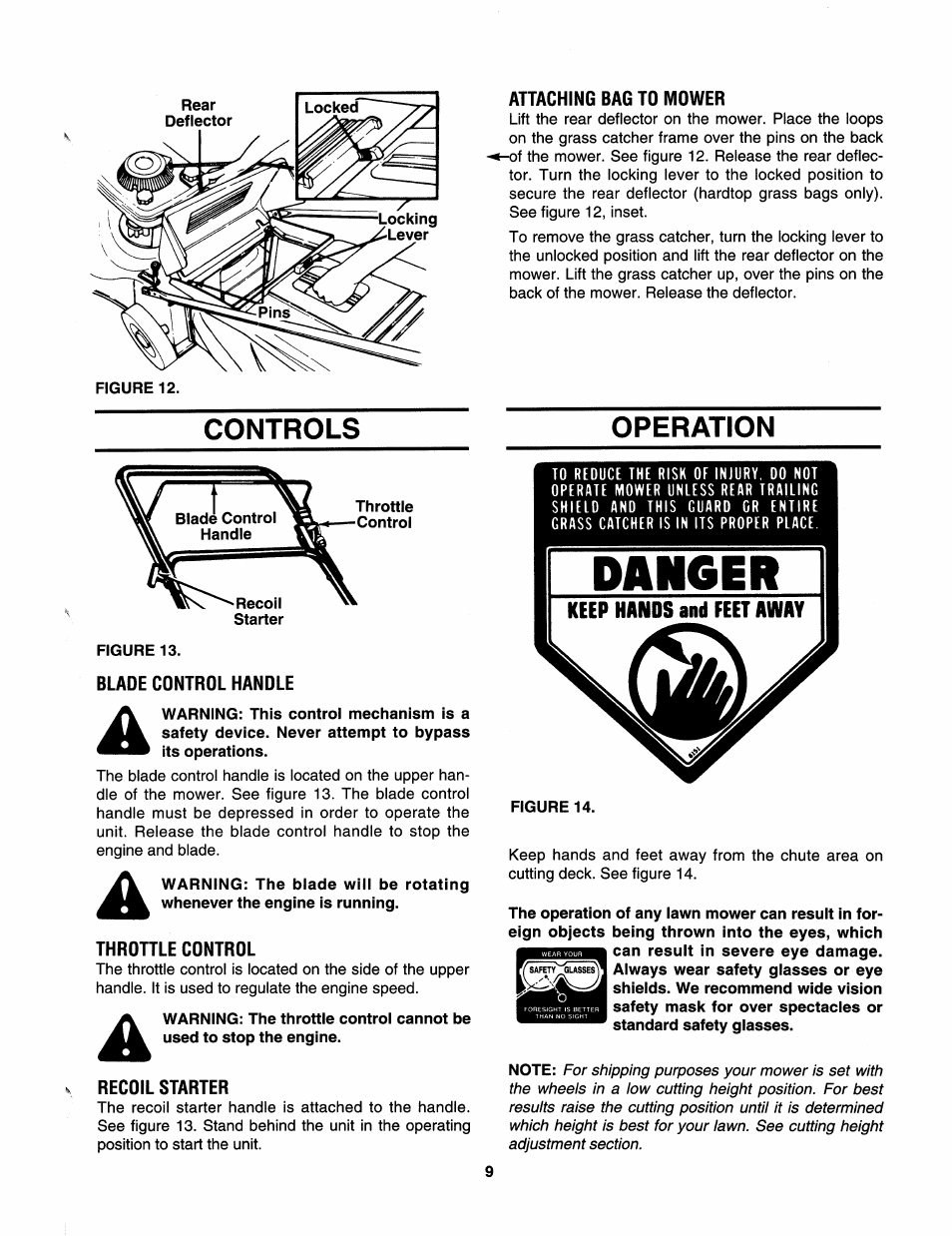 Controls, Blade control handle, Throttle control | Recoil starter, Attaching bag to mower, Operation | Bolens 112-413R352 User Manual | Page 9 / 16