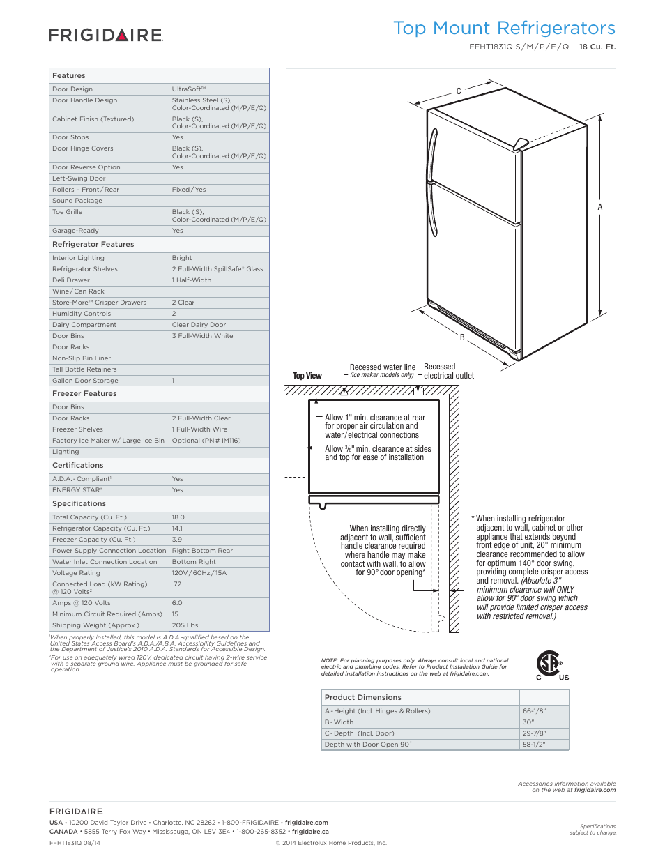 Top mount refrigerators frigidaire baseline, Top mount refrigerators | FRIGIDAIRE FFHT1831QQ User Manual | Page 2 / 4
