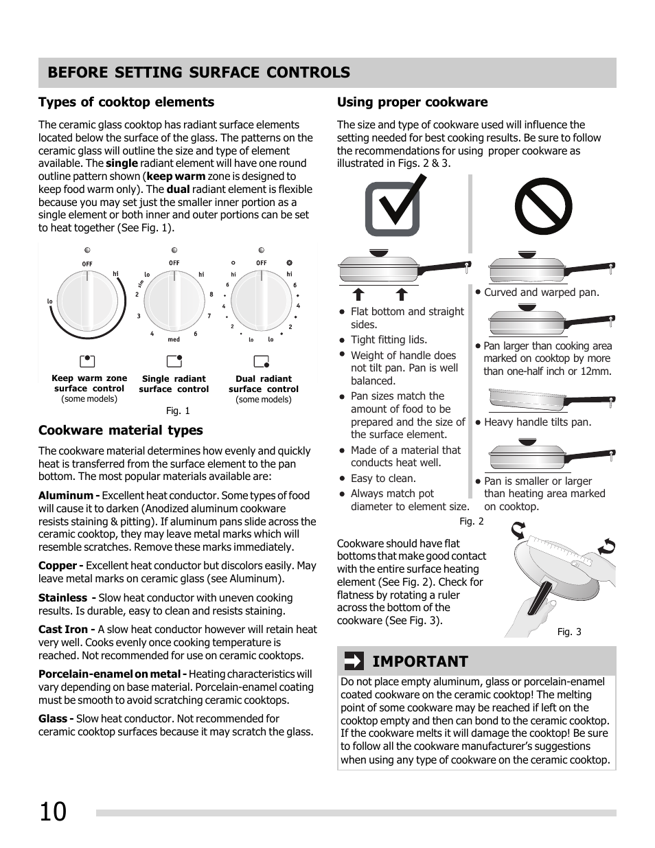 Before setting surface controls, Important | FRIGIDAIRE FGEF3030PW User Manual | Page 10 / 32