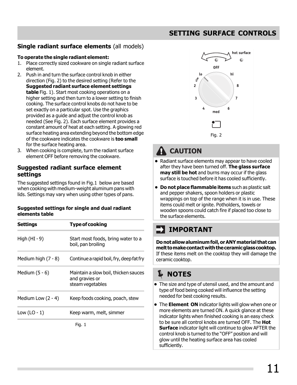 Caution setting surface controls, Important | FRIGIDAIRE FGEF3030PW User Manual | Page 11 / 32
