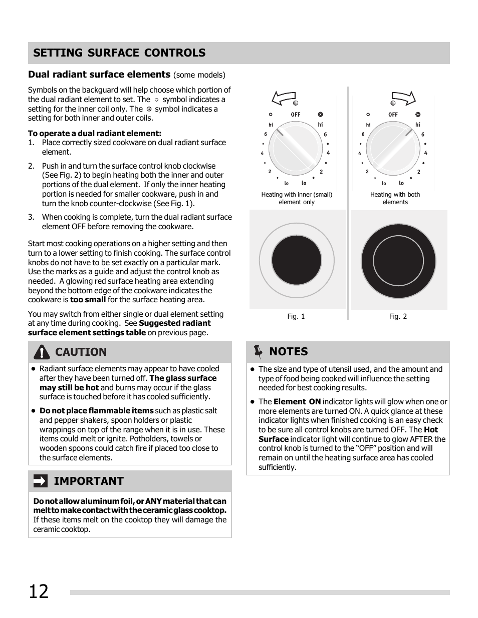 Caution, Setting surface controls | FRIGIDAIRE FGEF3030PW User Manual | Page 12 / 32