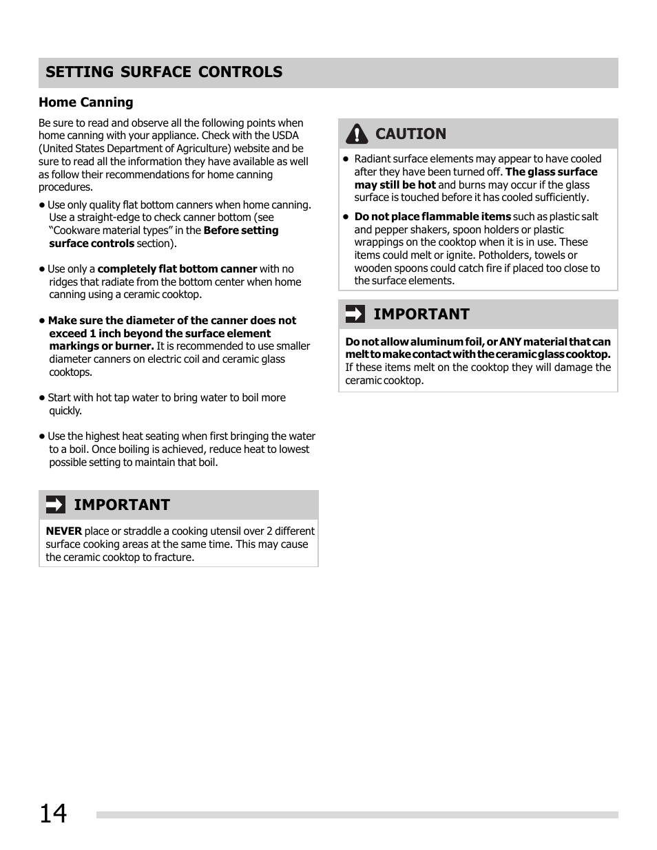 Setting surface controls, Caution, Important | FRIGIDAIRE FGEF3030PW User Manual | Page 14 / 32