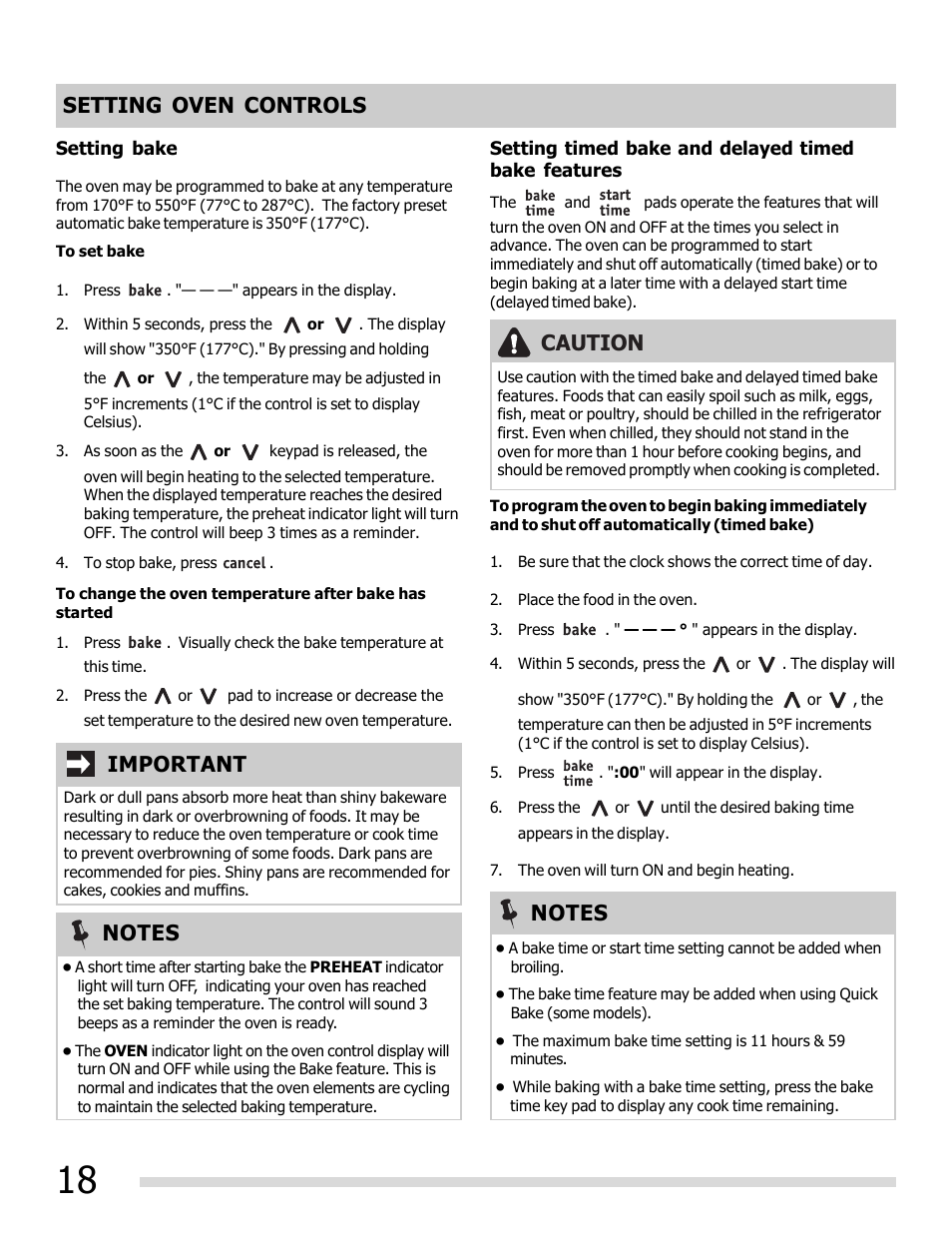 Setting oven controls, Important | FRIGIDAIRE FGEF3030PW User Manual | Page 18 / 32
