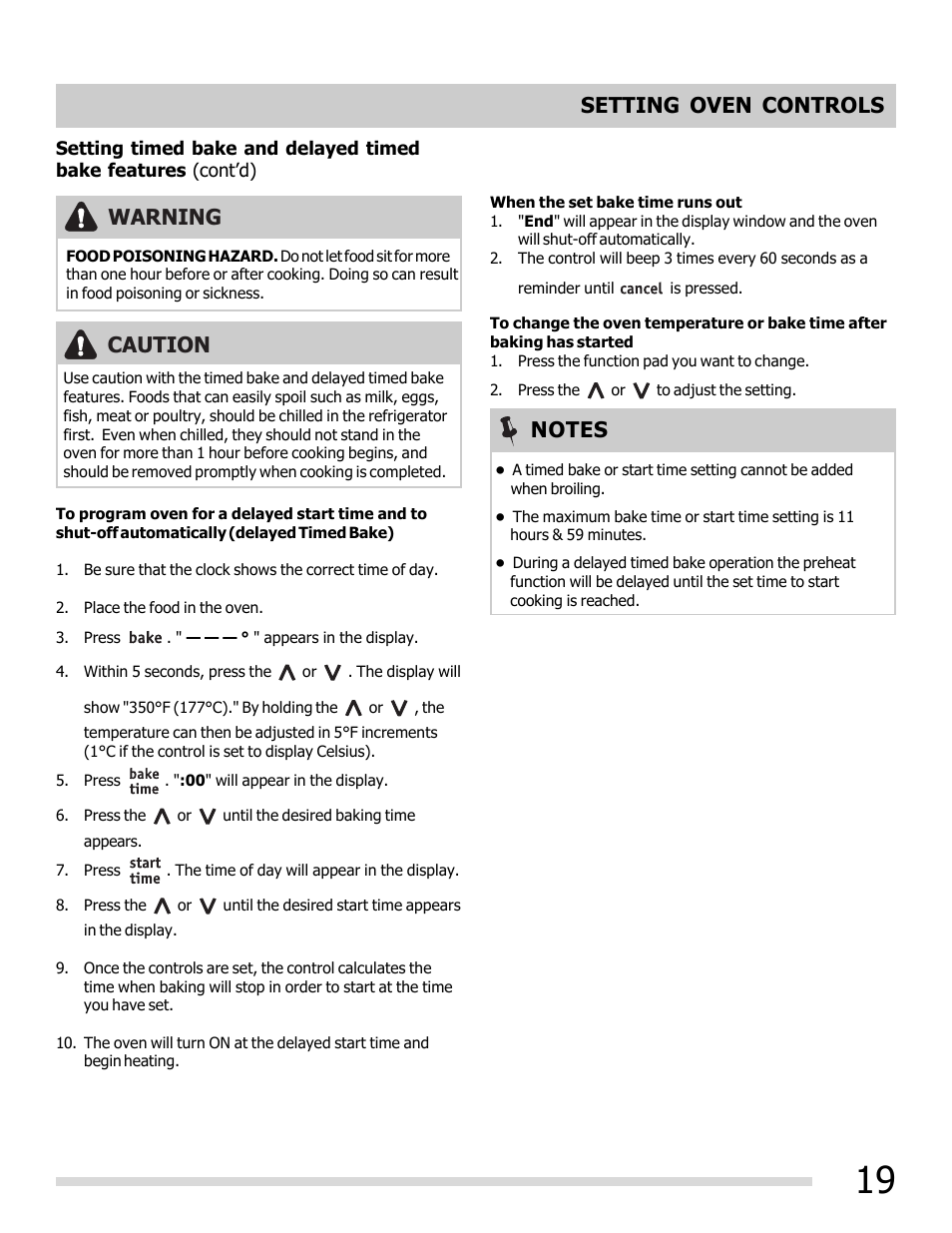 Setting oven controls, Caution warning | FRIGIDAIRE FGEF3030PW User Manual | Page 19 / 32
