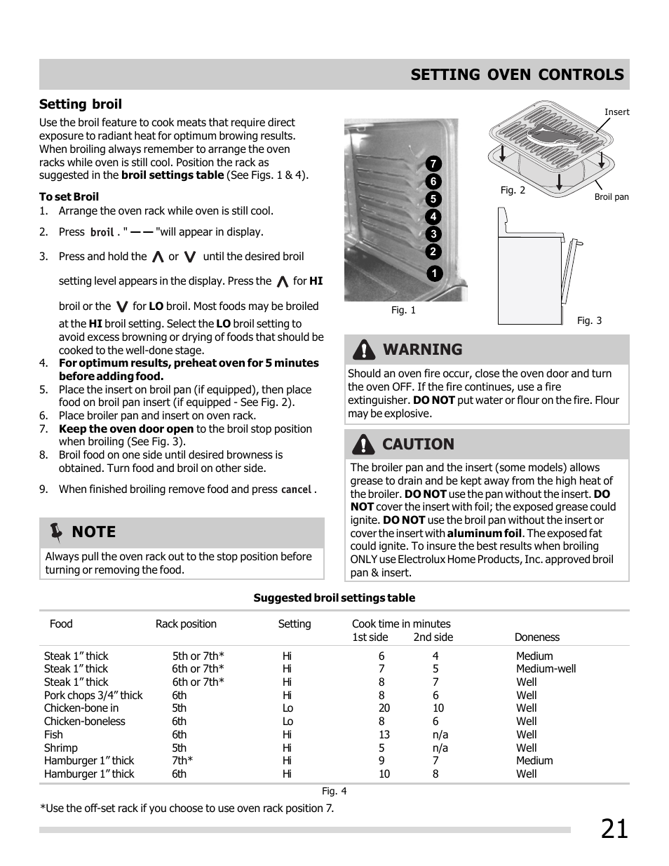 Setting oven controls, Caution, Warning | FRIGIDAIRE FGEF3030PW User Manual | Page 21 / 32
