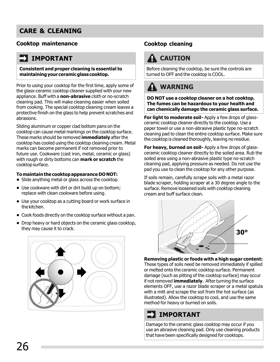 Important, Important caution care & cleaning 30, Warning | FRIGIDAIRE FGEF3030PW User Manual | Page 26 / 32