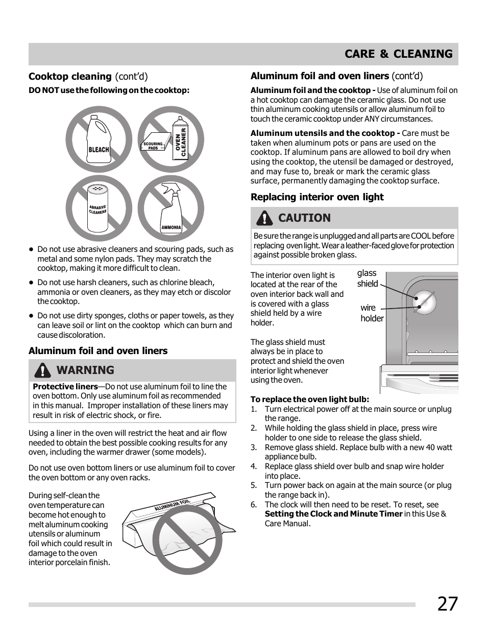Care & cleaning, Caution, Warning | FRIGIDAIRE FGEF3030PW User Manual | Page 27 / 32