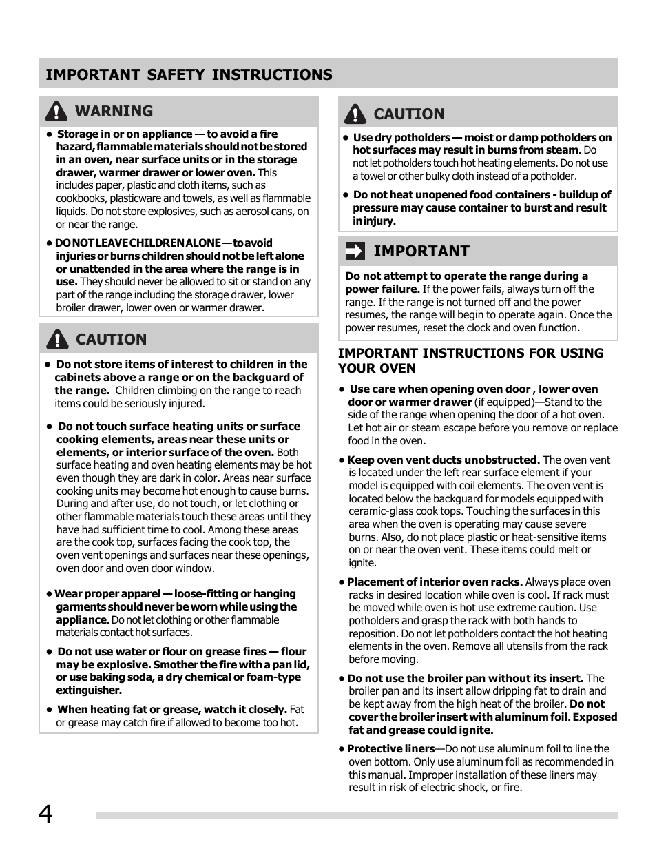 Important safety instructions caution, Important, Warning | Caution | FRIGIDAIRE FGEF3030PW User Manual | Page 4 / 32