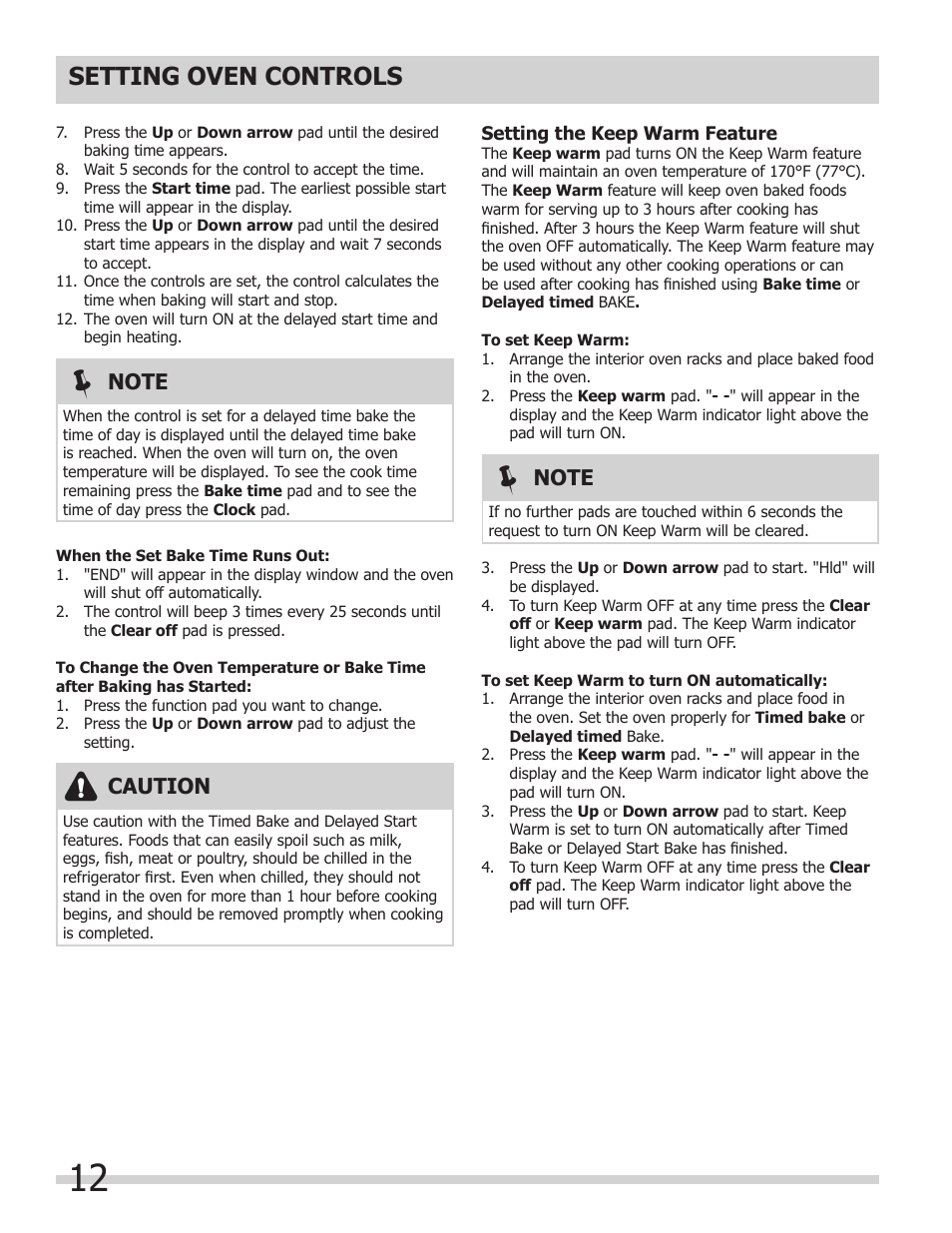 Setting oven controls, Caution | FRIGIDAIRE FFEW3025LB User Manual | Page 12 / 20