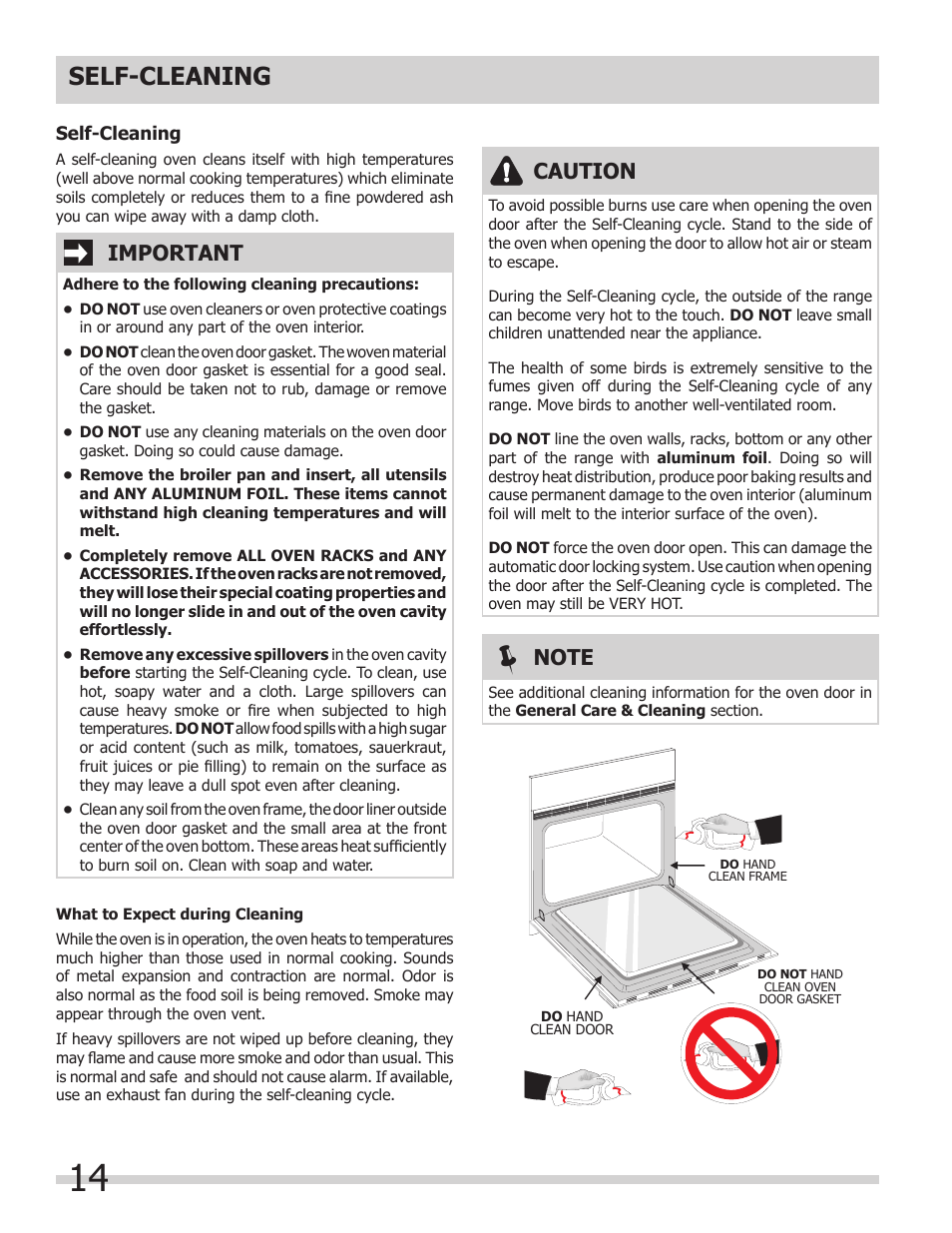 Self-cleaning, Caution, Important | FRIGIDAIRE FFEW3025LB User Manual | Page 14 / 20