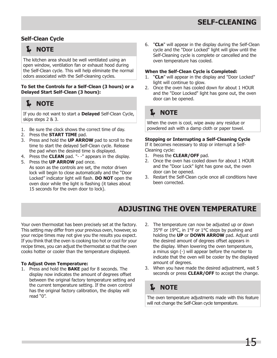Self-cleaning, Adjusting the oven temperature | FRIGIDAIRE FFEW3025LB User Manual | Page 15 / 20
