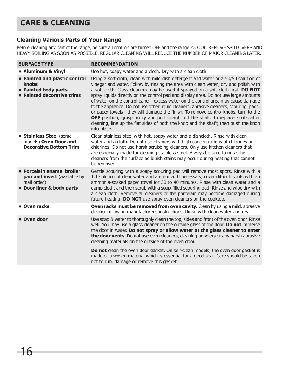 Care & cleaning | FRIGIDAIRE FFEW3025LB User Manual | Page 16 / 20