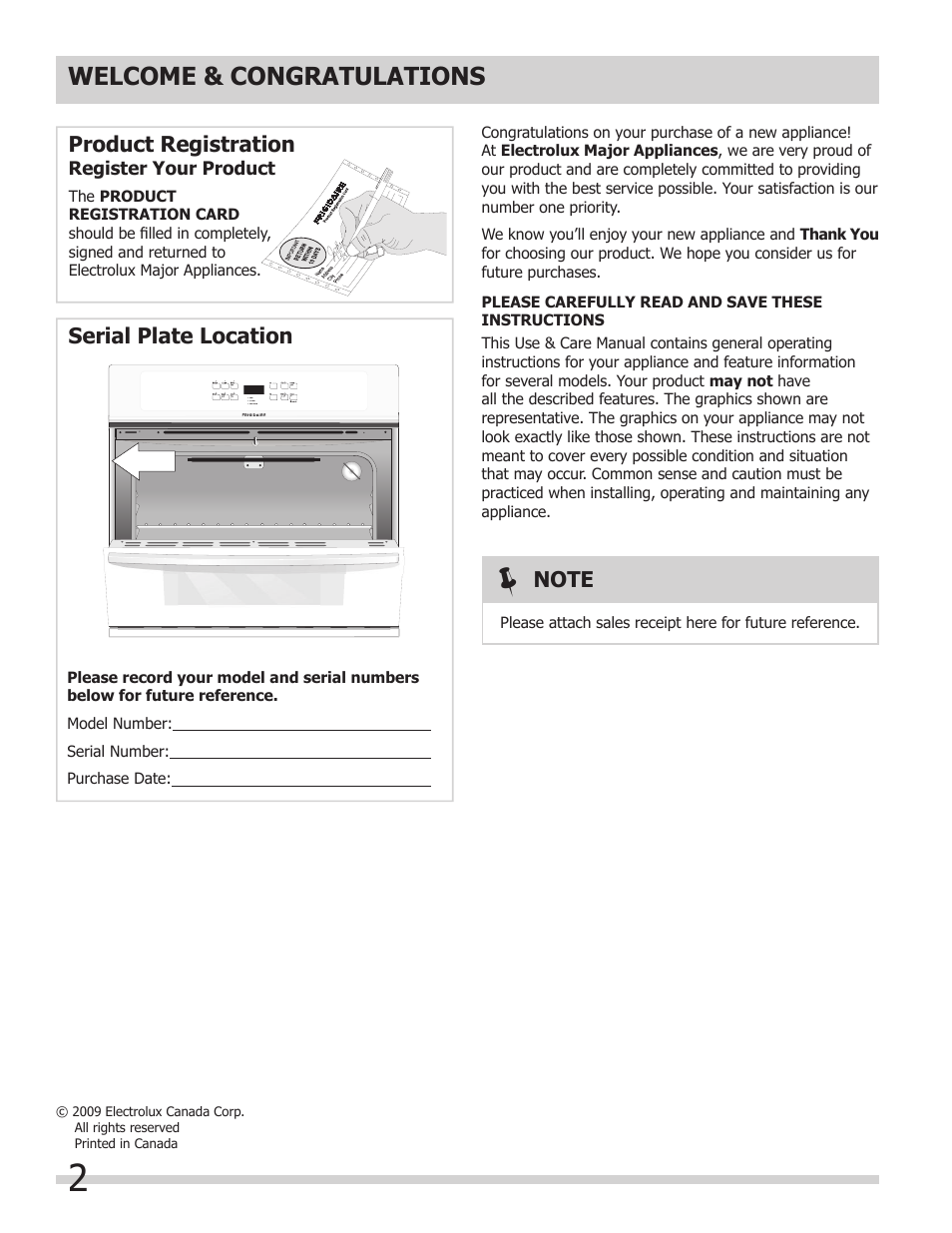 Product registration, Serial plate location | FRIGIDAIRE FFEW3025LB User Manual | Page 2 / 20
