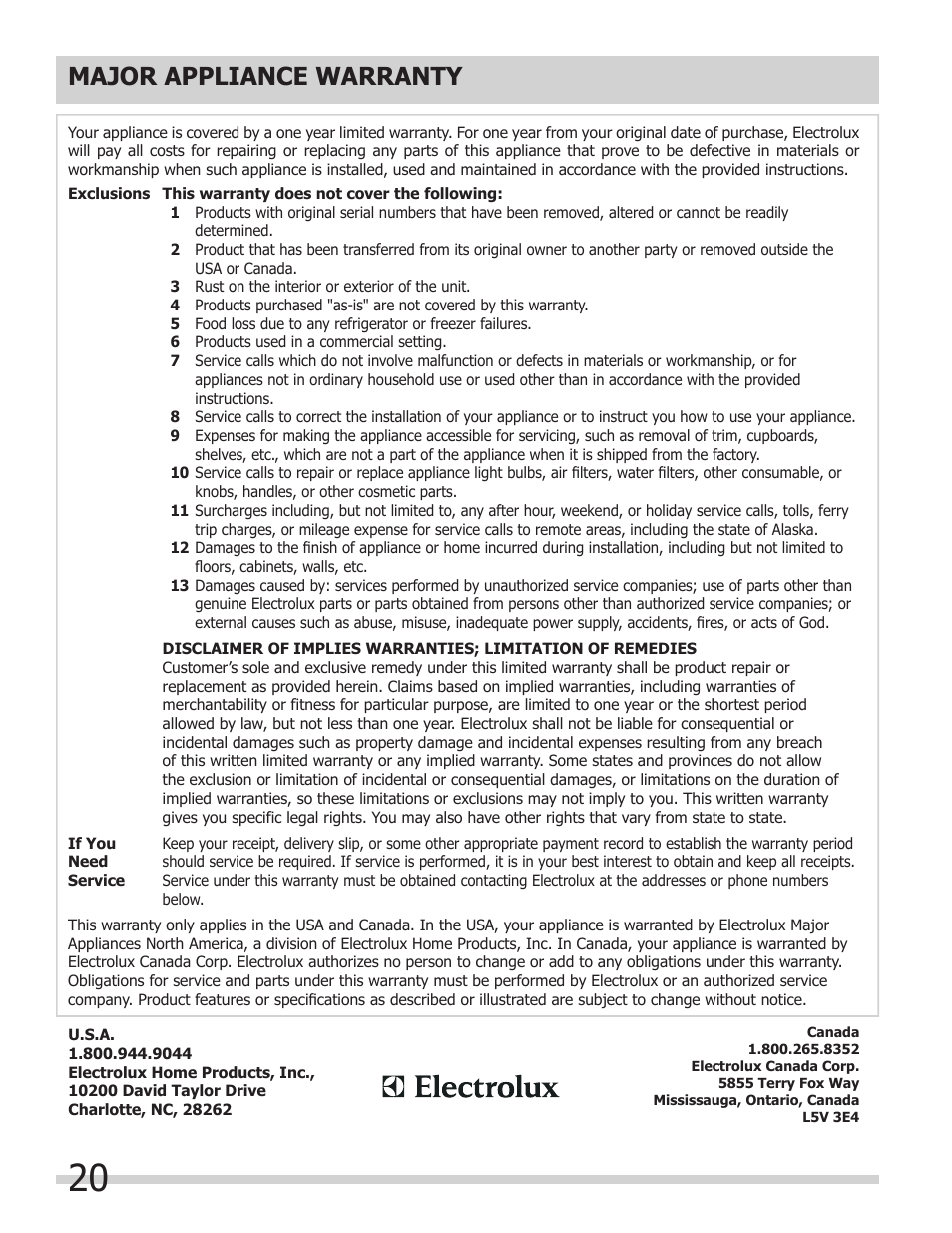 Major appliance warranty | FRIGIDAIRE FFEW3025LB User Manual | Page 20 / 20