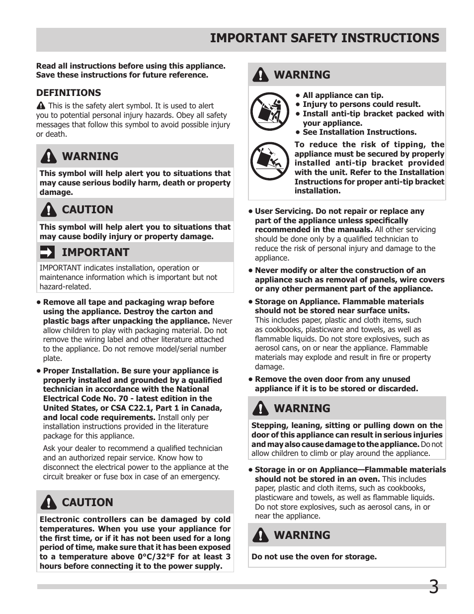 Important safety instructions, Warning, Important | Caution | FRIGIDAIRE FFEW3025LB User Manual | Page 3 / 20