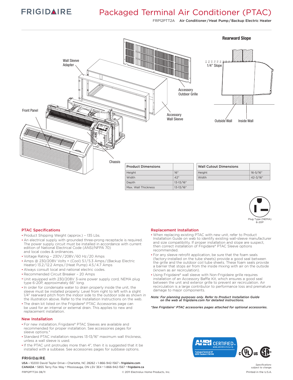 Packaged terminal air conditioner (ptac), Rearward slope | FRIGIDAIRE FRP12PTT2A User Manual | Page 3 / 5