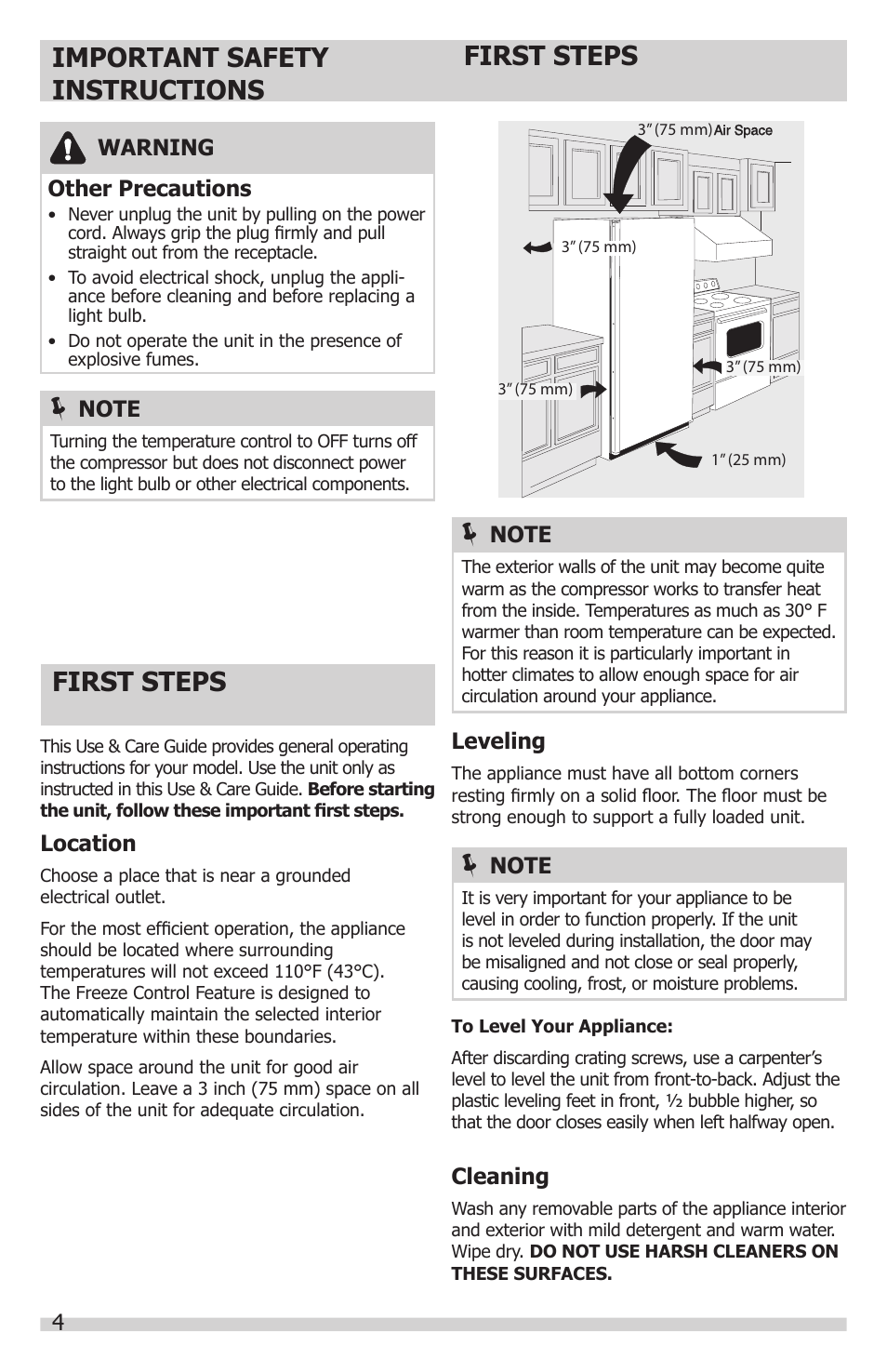 Important safety instructions, First steps | FRIGIDAIRE FFRU17B2QW User Manual | Page 4 / 12