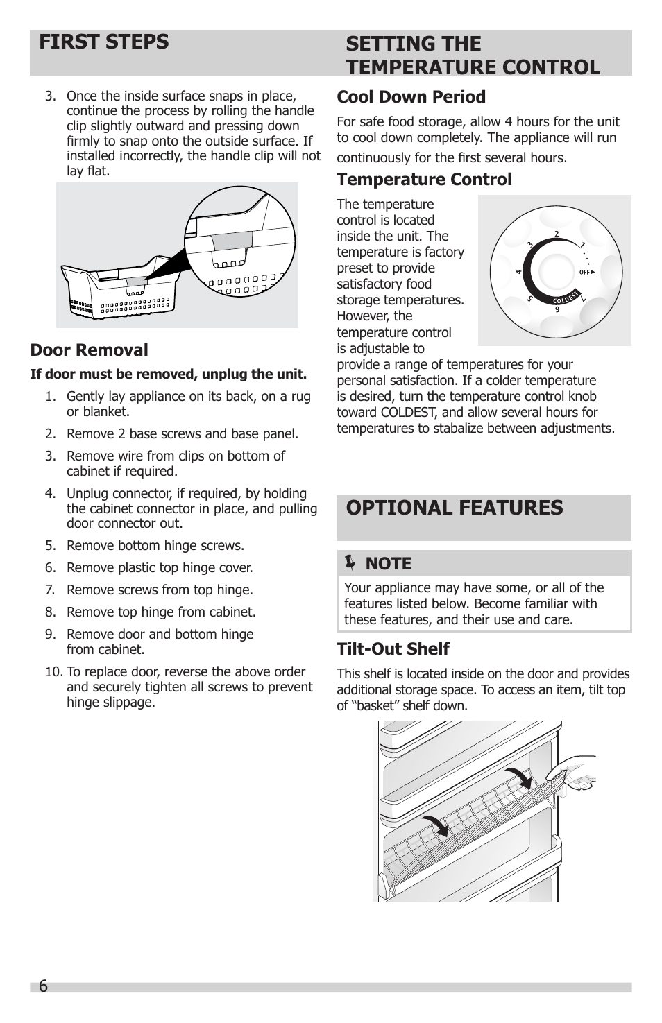 First steps, Setting the temperature control, Optional features | Temperature control, Tilt-out shelf, Cool down period, Door removal | FRIGIDAIRE FFRU17B2QW User Manual | Page 6 / 12