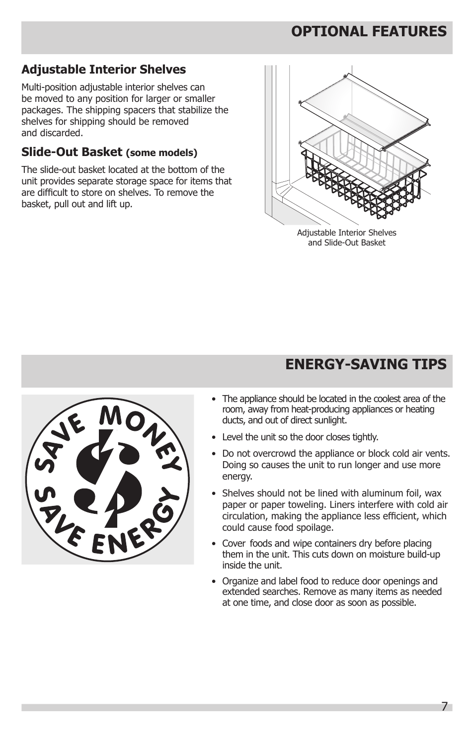 Optional features, Energy-saving tips, Adjustable interior shelves | Slide-out basket | FRIGIDAIRE FFRU17B2QW User Manual | Page 7 / 12