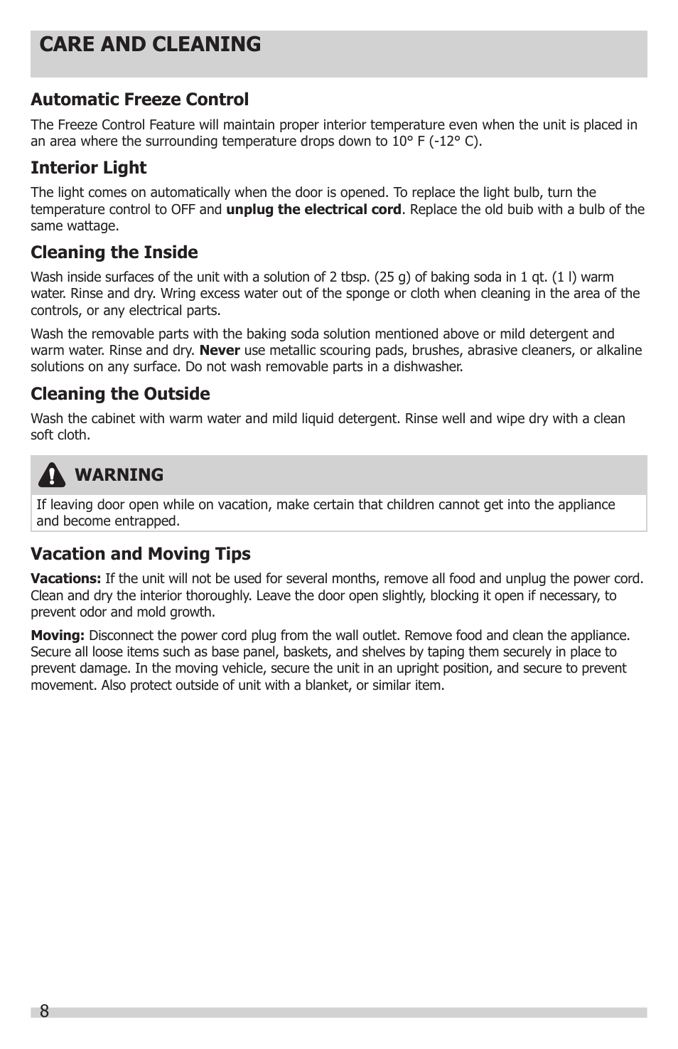 Care and cleaning | FRIGIDAIRE FFRU17B2QW User Manual | Page 8 / 12