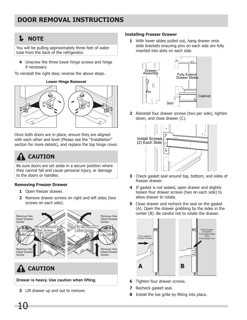 Door removal instructions, Caution | FRIGIDAIRE FPHG2399PF User Manual | Page 10 / 29