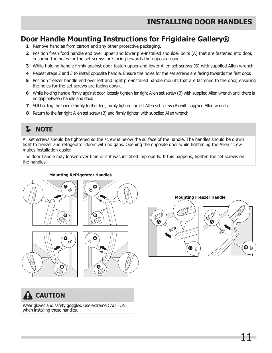 Installing door handles | FRIGIDAIRE FPHG2399PF User Manual | Page 11 / 29