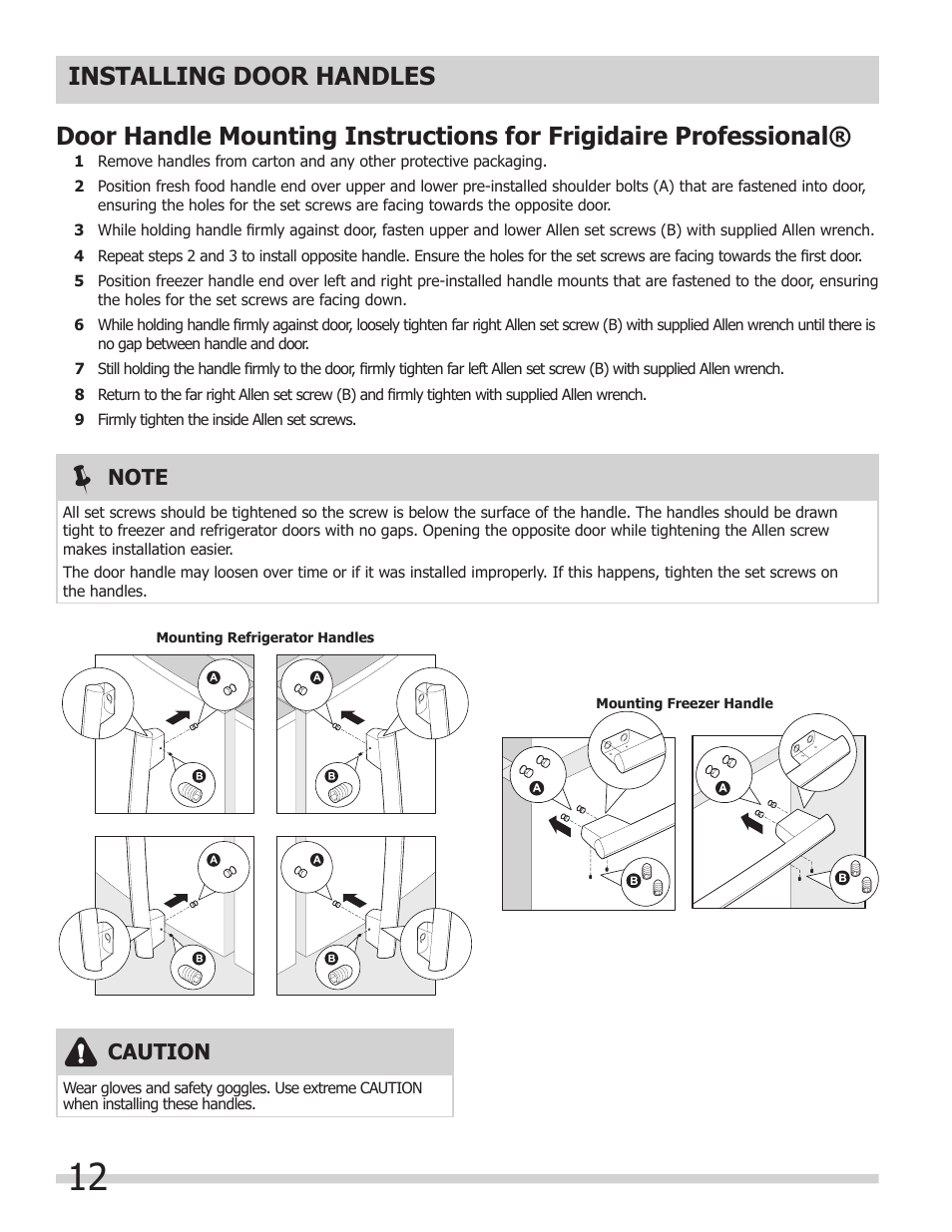 Installing door handles | FRIGIDAIRE FPHG2399PF User Manual | Page 12 / 29