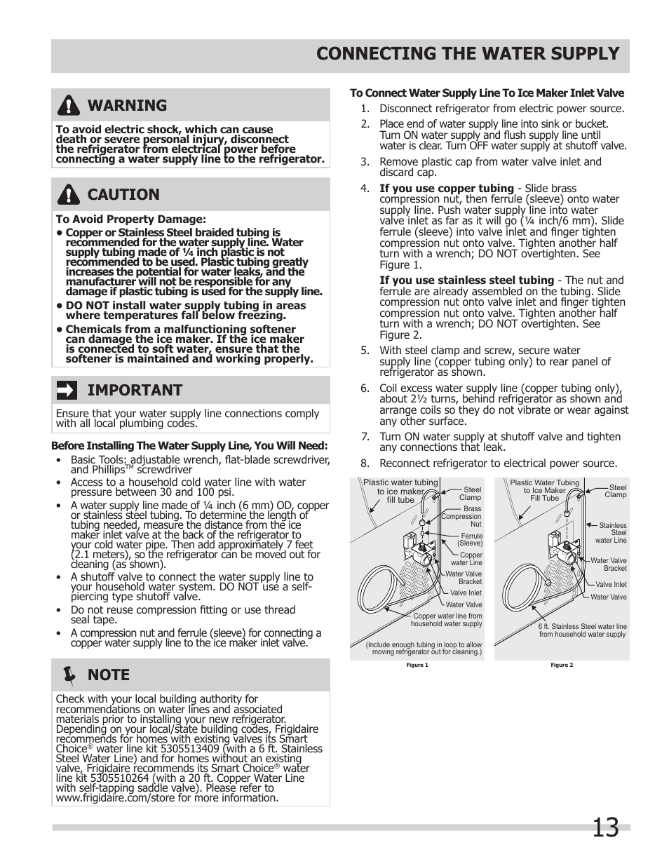 Connecting the water supply, Warning, Caution | Important | FRIGIDAIRE FPHG2399PF User Manual | Page 13 / 29