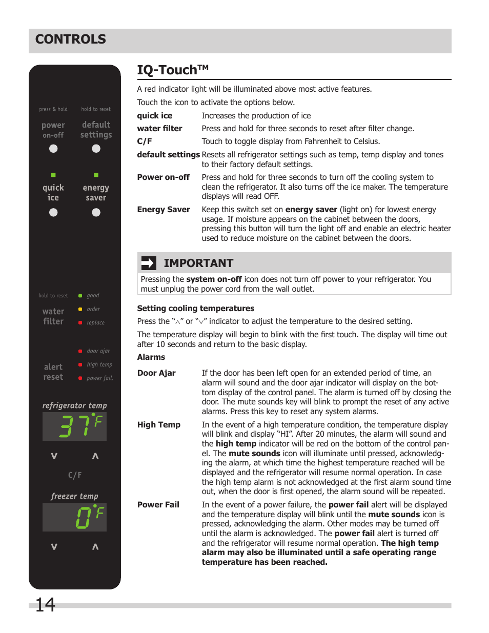 Controls iq-touch, Important | FRIGIDAIRE FPHG2399PF User Manual | Page 14 / 29