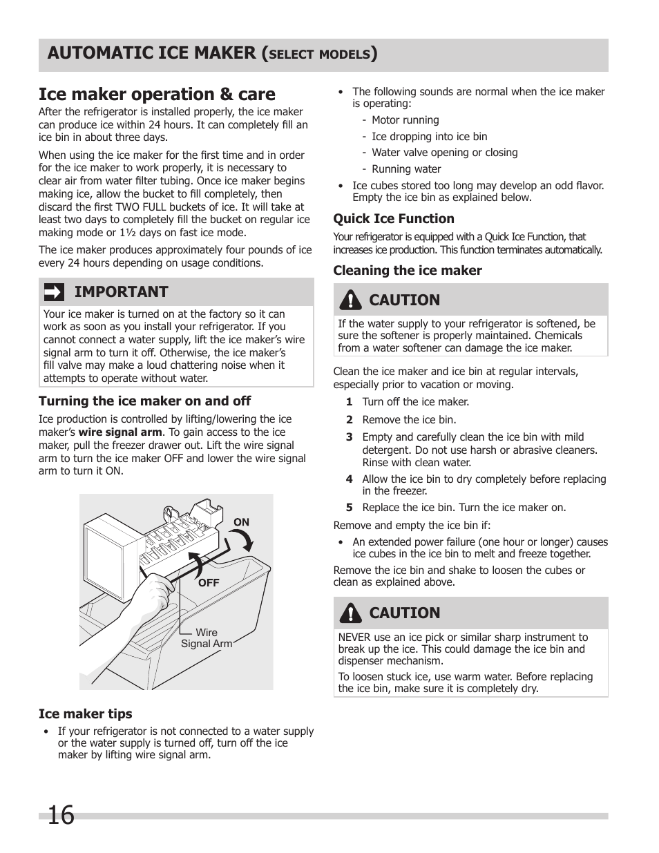 Automatic ice maker, Ice maker operation & care, Important | Caution | FRIGIDAIRE FPHG2399PF User Manual | Page 16 / 29
