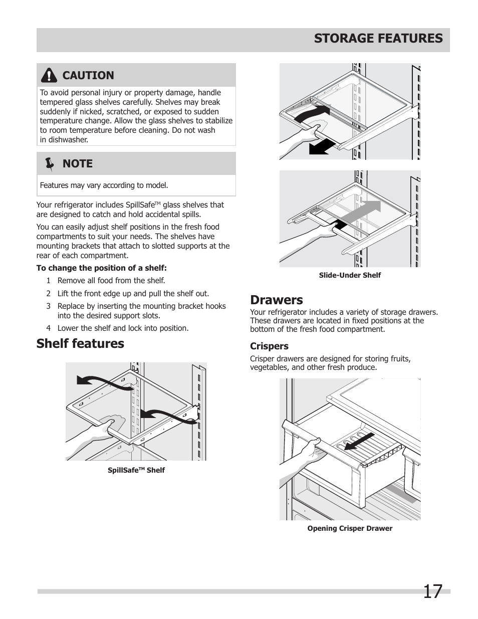 Storage features, Shelf features, Drawers | Caution | FRIGIDAIRE FPHG2399PF User Manual | Page 17 / 29