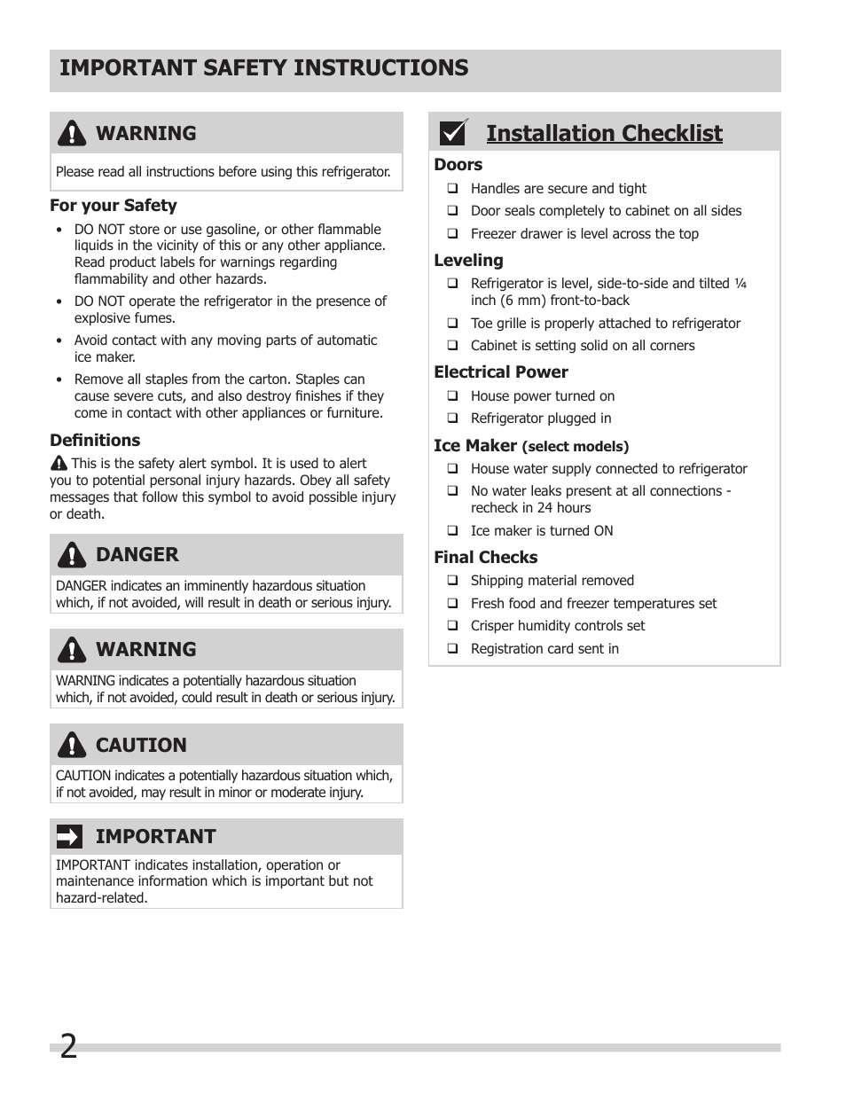 Installation checklist, Important safety instructions, Warning | Important, Danger, Caution | FRIGIDAIRE FPHG2399PF User Manual | Page 2 / 29