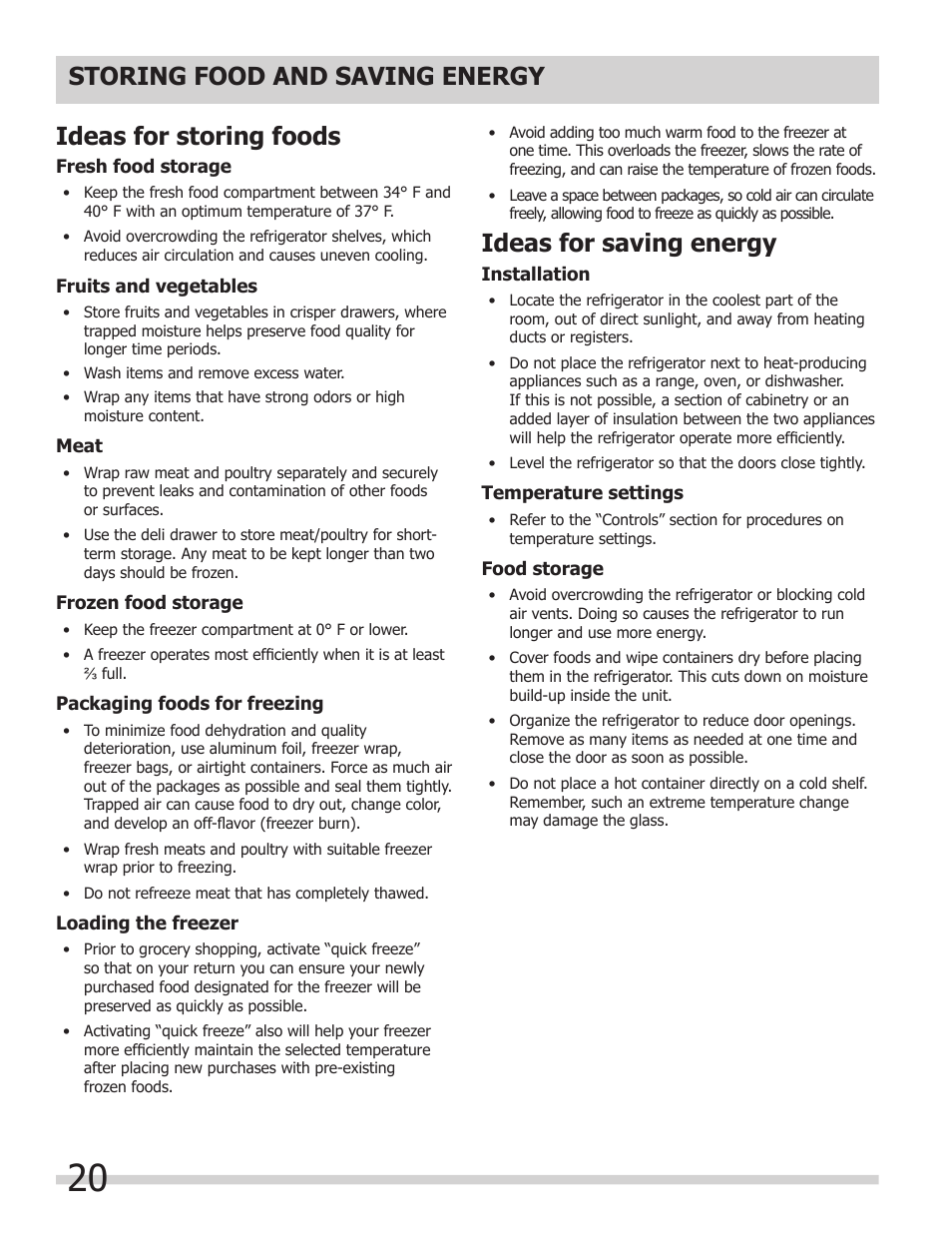 Ideas for saving energy | FRIGIDAIRE FPHG2399PF User Manual | Page 20 / 29