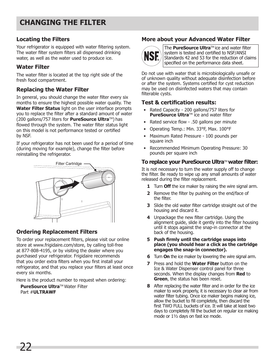 Changing the filter | FRIGIDAIRE FPHG2399PF User Manual | Page 22 / 29