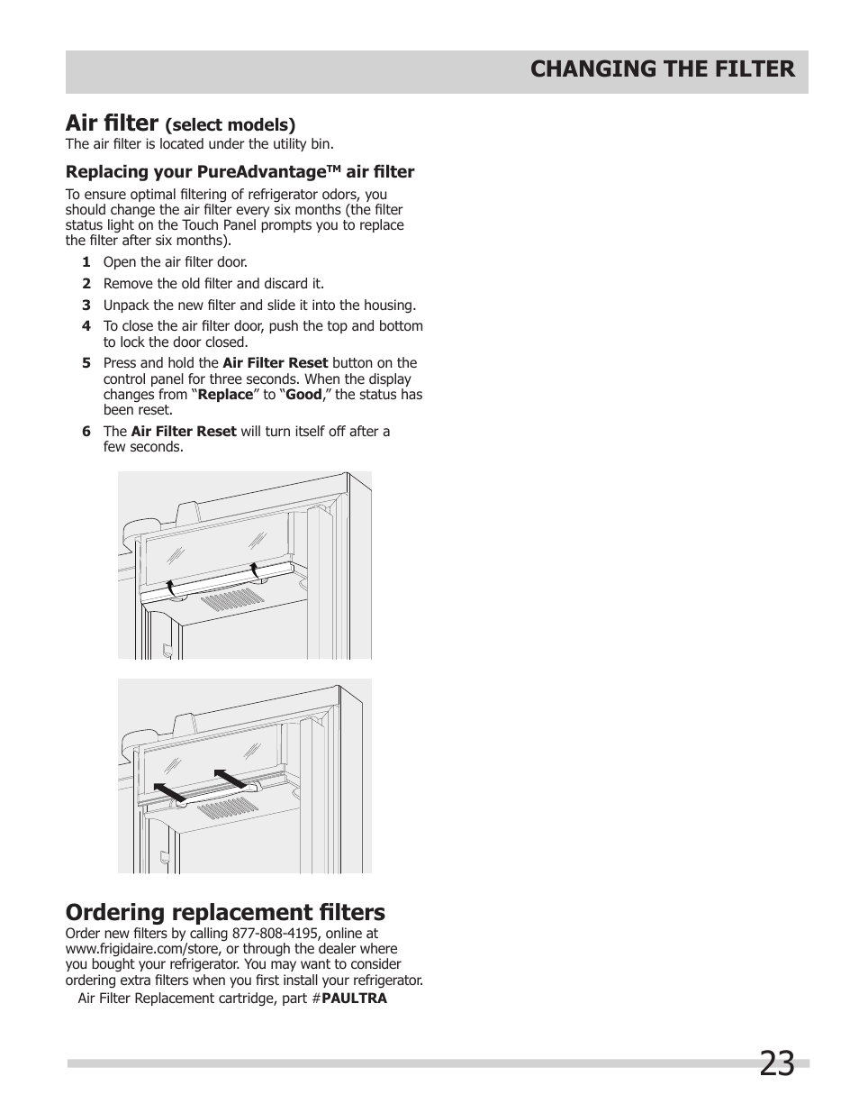 Changing the filter ordering replacement filters, Air filter | FRIGIDAIRE FPHG2399PF User Manual | Page 23 / 29