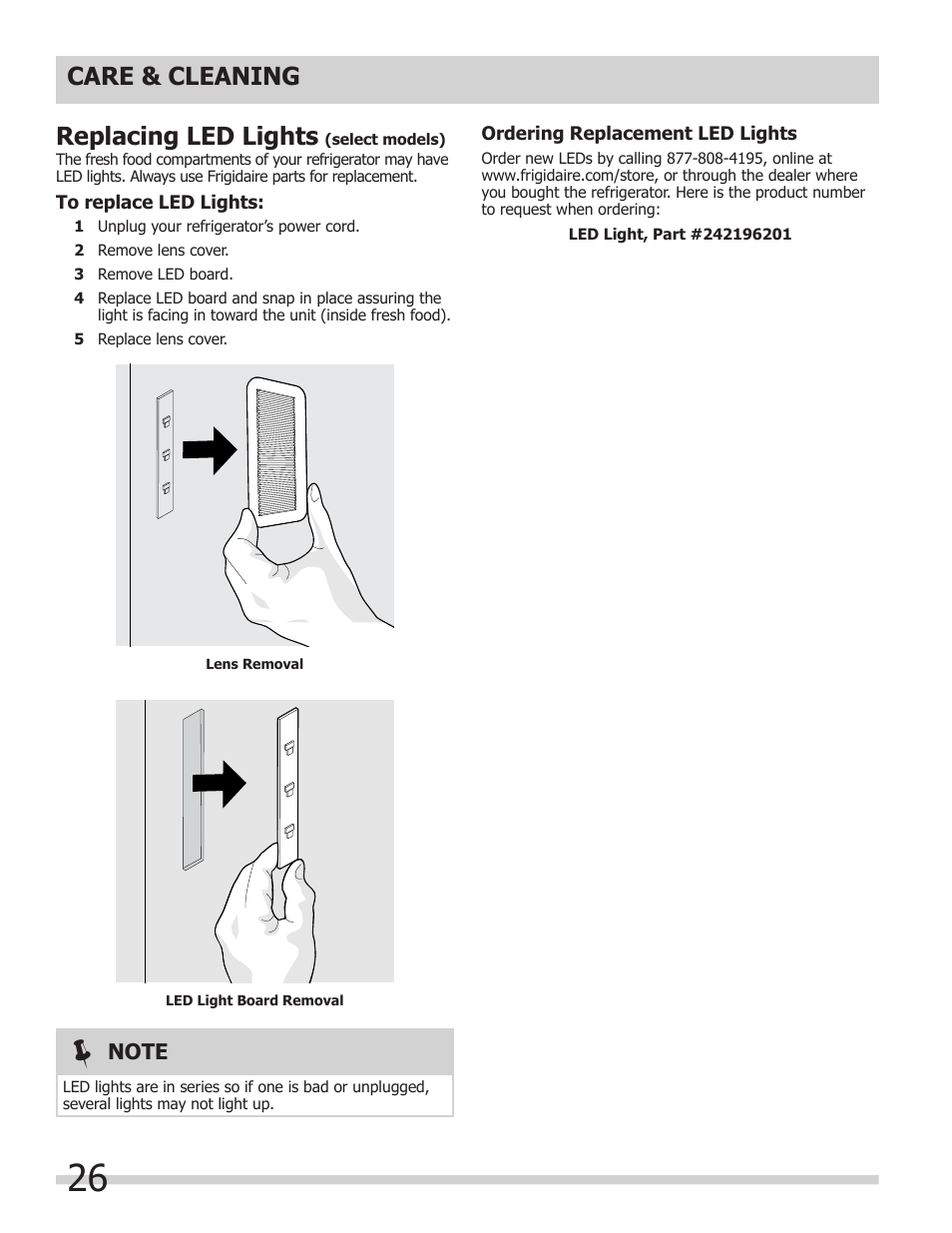Care & cleaning replacing led lights | FRIGIDAIRE FPHG2399PF User Manual | Page 26 / 29