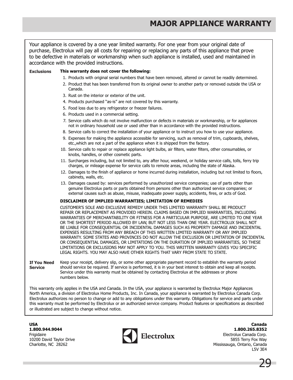 Major appliance warranty information, Major appliance warranty | FRIGIDAIRE FPHG2399PF User Manual | Page 29 / 29