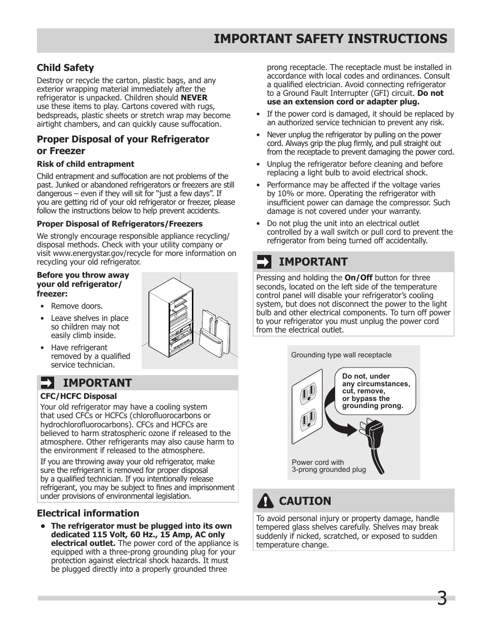 Important safety instructions, Important, Caution | FRIGIDAIRE FPHG2399PF User Manual | Page 3 / 29