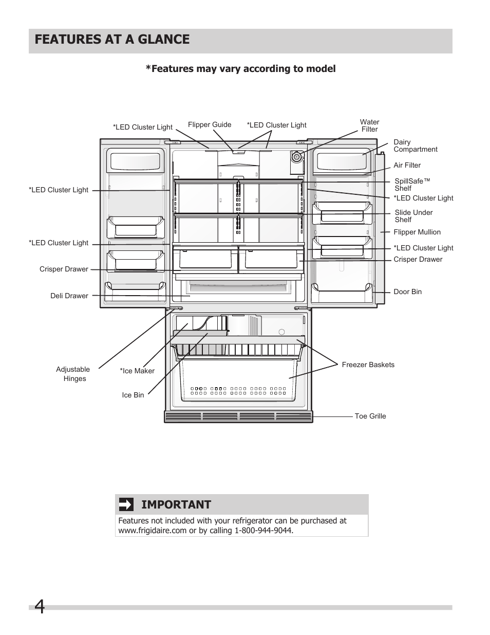 Features at a glance, Important | FRIGIDAIRE FPHG2399PF User Manual | Page 4 / 29