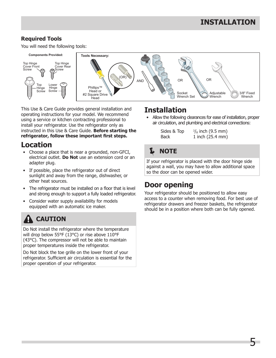 Installation, Location, Door opening | Caution, Required tools | FRIGIDAIRE FPHG2399PF User Manual | Page 5 / 29