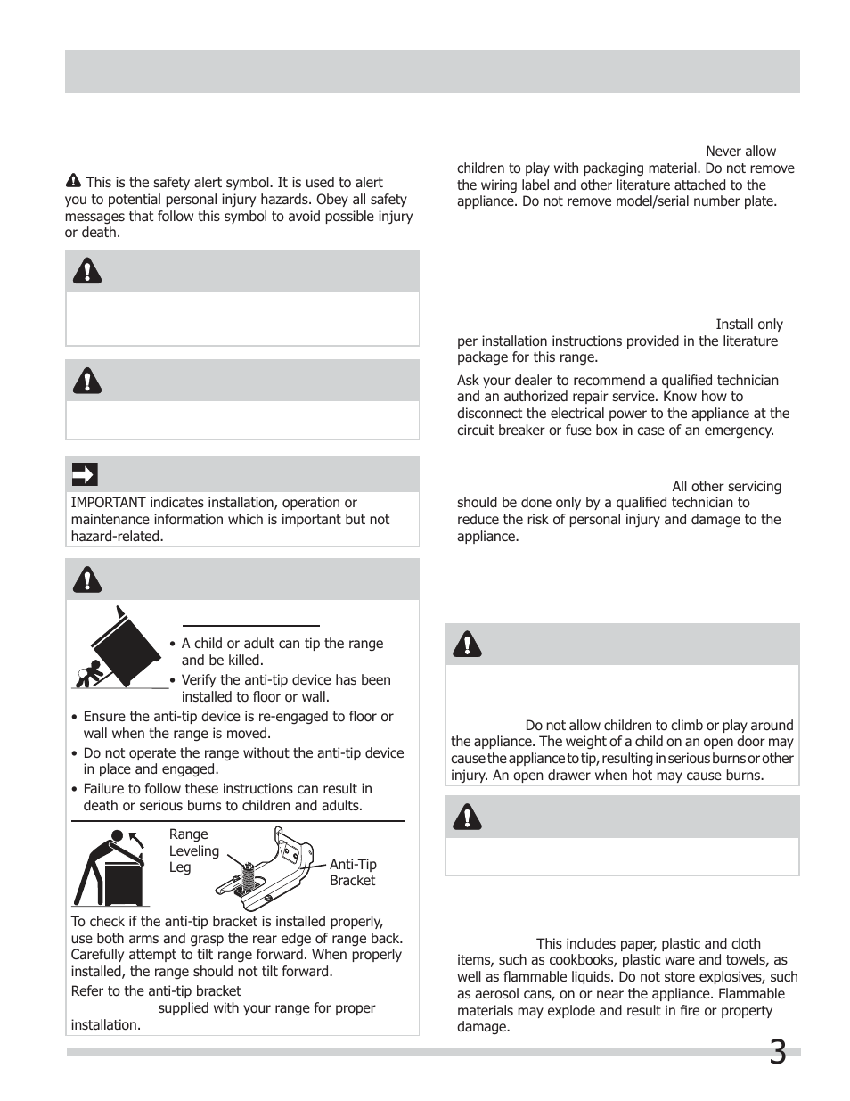 Important safety instructions, Warning, Important | Caution, Tip over hazard | FRIGIDAIRE FGEF304DKB User Manual | Page 3 / 40