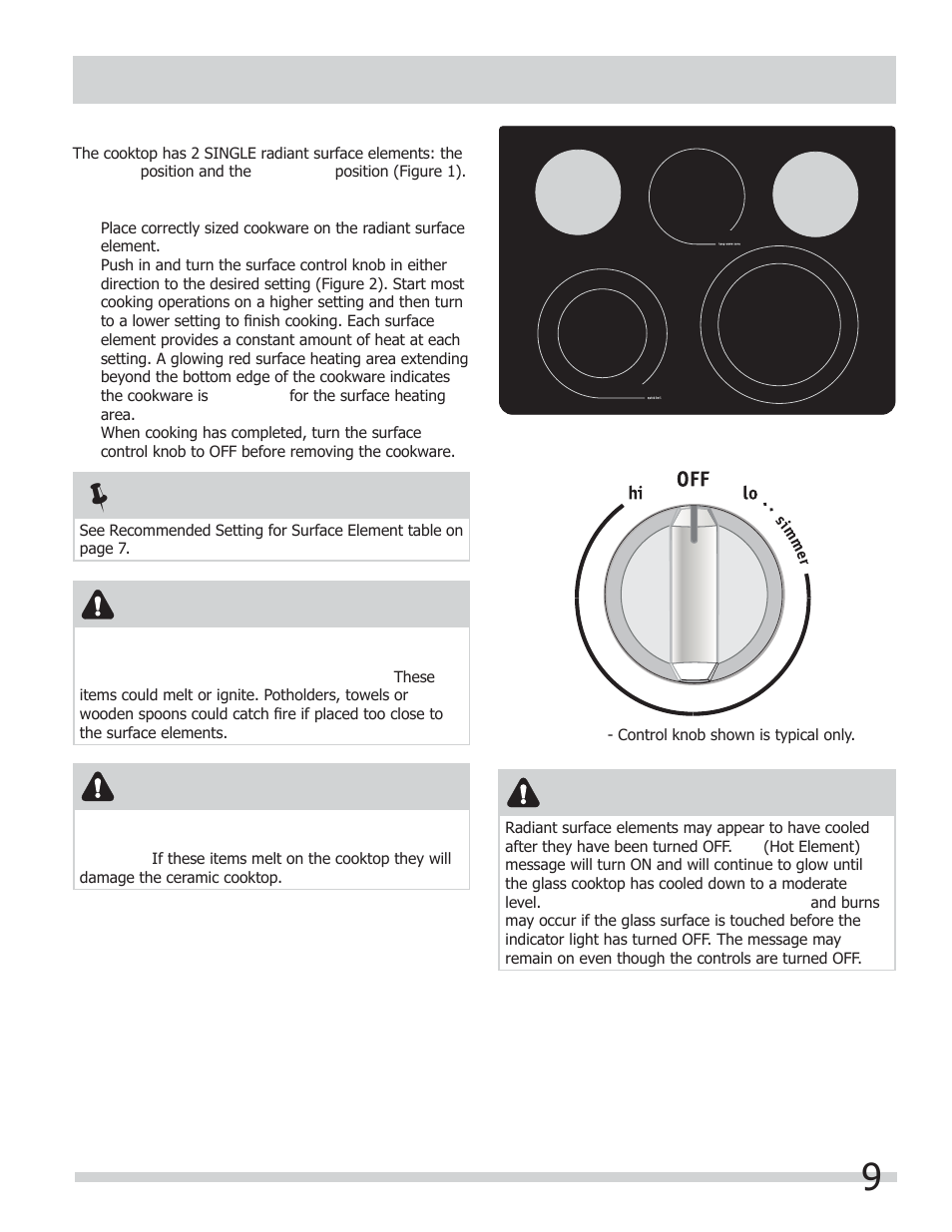 Setting surface controls, Caution | FRIGIDAIRE FGEF304DKB User Manual | Page 9 / 40