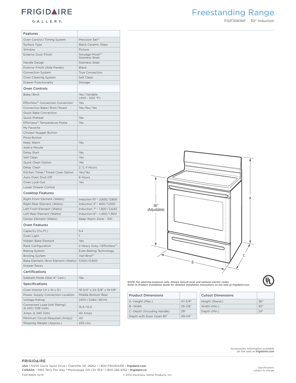 Freestanding range | FRIGIDAIRE FGIF3061NF User Manual | Page 2 / 7